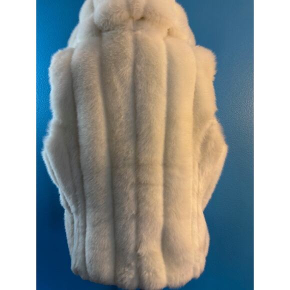 Nine West Ivory Faux Fur Vest Hood Pockets Zipper Close Pom Pom Drawstring XL L - Picture 4 of 8